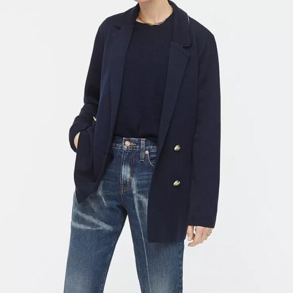 J Crew Navy Blue Double Breasted Gold Button Sweater Blazer | L - Picture 6 of 11